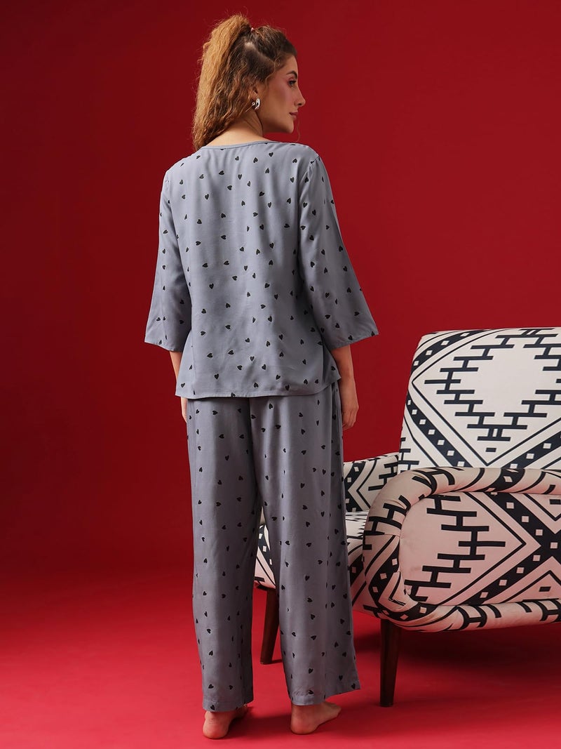 Clovia Women's Rayon Polka Printed Top & Pyjama Set (LS0543P01_Grey_XL) - Image 2