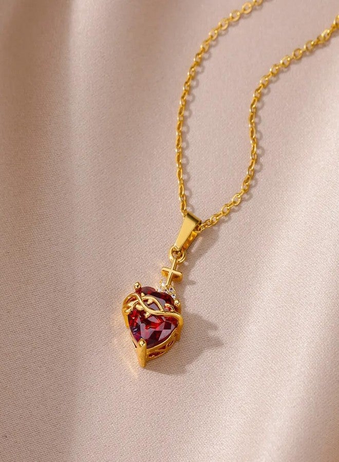Generic 14k Yellow Gold Crystal Zircon Sacred Heart Necklace - Red CZ Sacred Heart Pendant, Jesus Heart Necklace For Women Men - Image 2