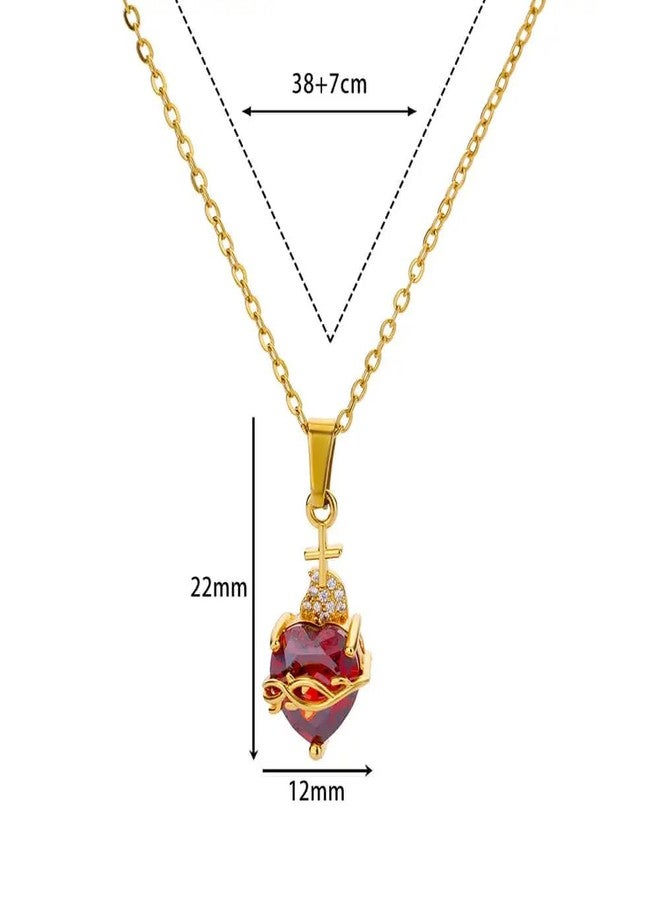 Generic 14k Yellow Gold Crystal Zircon Sacred Heart Necklace - Red CZ Sacred Heart Pendant, Jesus Heart Necklace For Women Men - Image 3