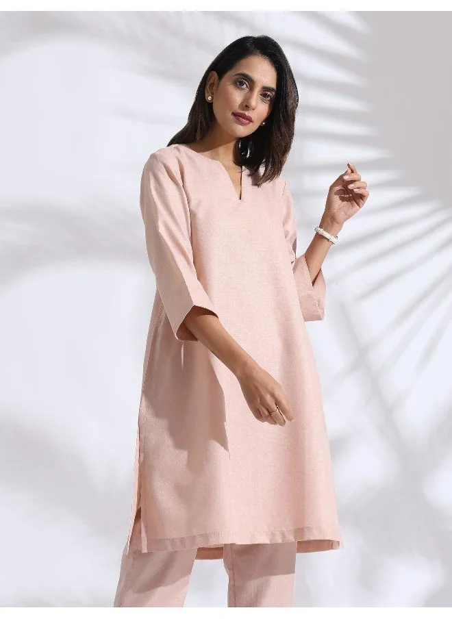 trueBrowns Light Pink Slub Kurta Co-ord Set