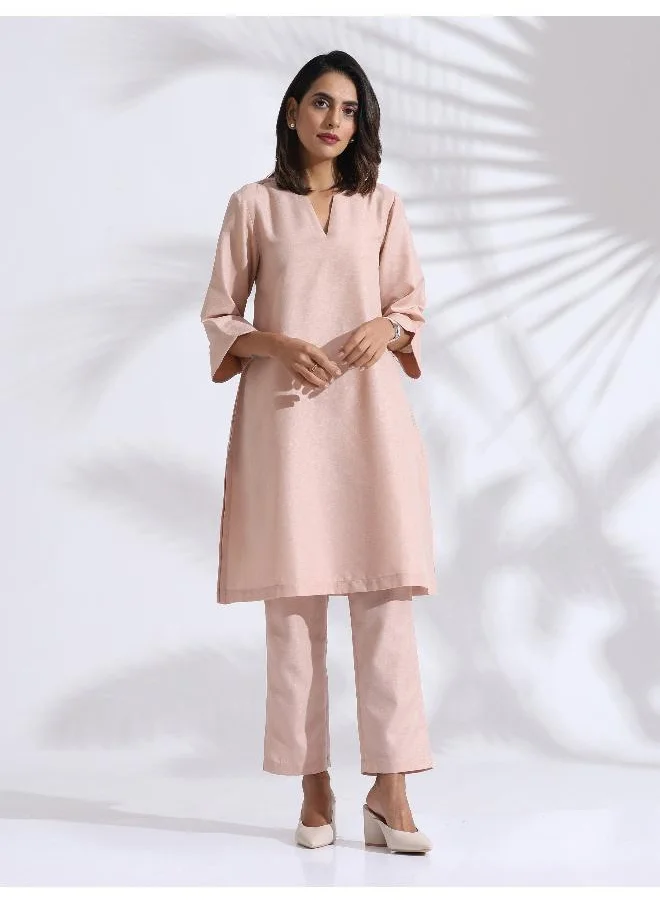 trueBrowns Light Pink Slub Kurta Co-ord Set