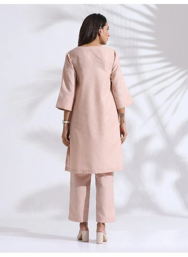 trueBrowns Light Pink Slub Kurta Co-ord Set