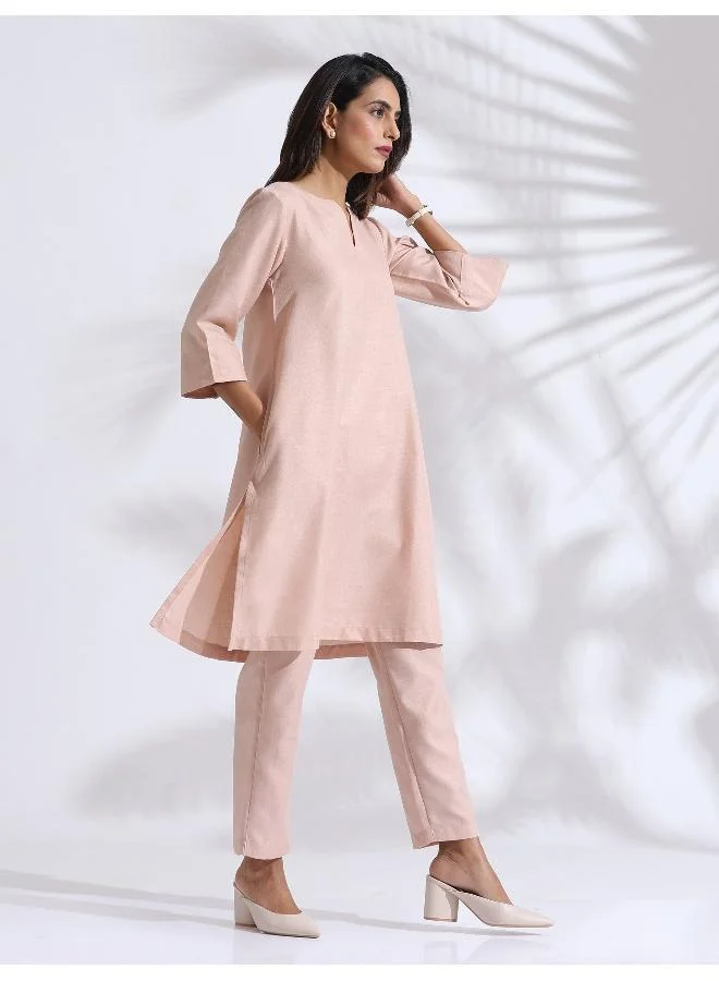 trueBrowns Light Pink Slub Kurta Co-ord Set