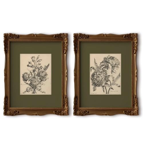 Tanmart Flower Sketch Wall Art Sage Green Floral Canvas Poster Vintage Botanical Wall Decor Peony Flower Prints Dark Green Pictures Antique Floral Drawing Painting for Bedroom Living Room 16x24 Inch Unframed - Image 1