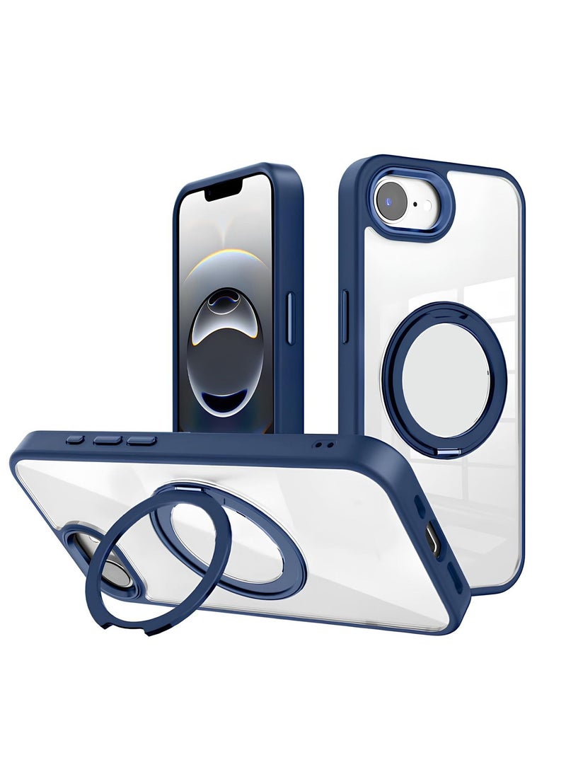 Wtech Apple iPhone 16e 5G 2025 Shockproof Slim Fit Drop-Resistant Full Body Crystal Clear Hard PC Protective Cover with Ring Stand Case Cover - Navy Blue - Image 1