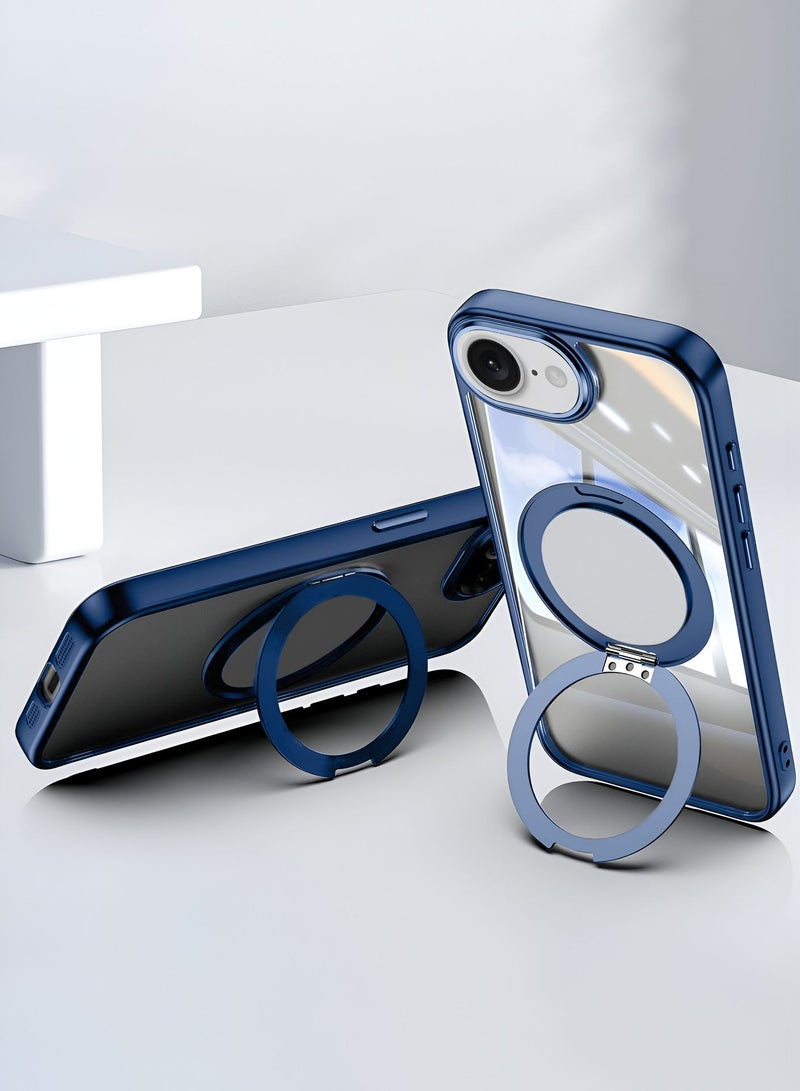 Wtech Apple iPhone 16e 5G 2025 Shockproof Slim Fit Drop-Resistant Full Body Crystal Clear Hard PC Protective Cover with Ring Stand Case Cover - Navy Blue - Image 2