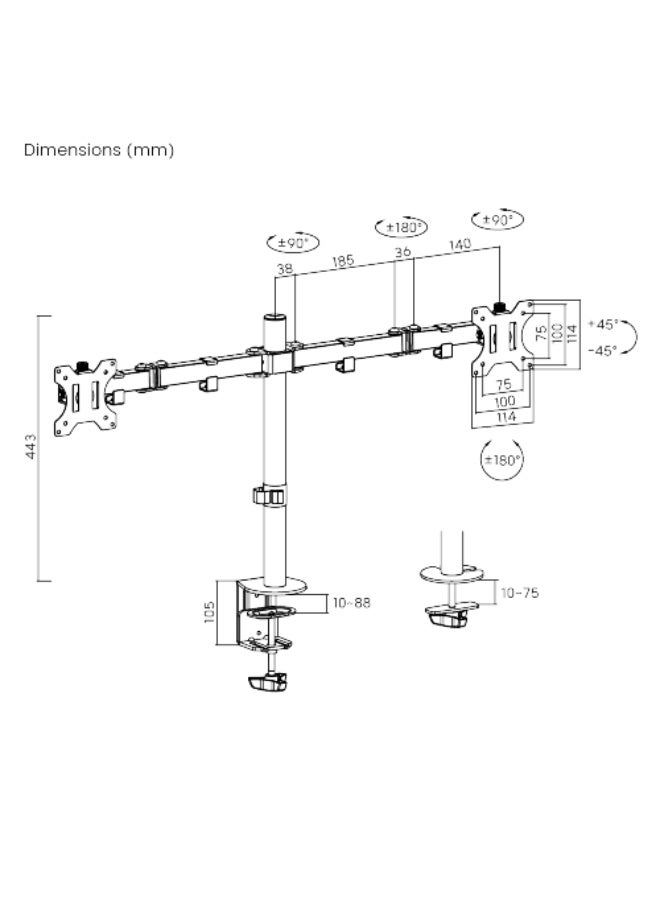NEWSTAR Dual Monitor Desk Mount, Full Motion Adjustable Arms for 13"-32" Screens, Heavy Duty Steel, Height & Tilt Adjustment, VESA 75/100, C-Clamp & Grommet Base 91-LDT12C024N - Image 3
