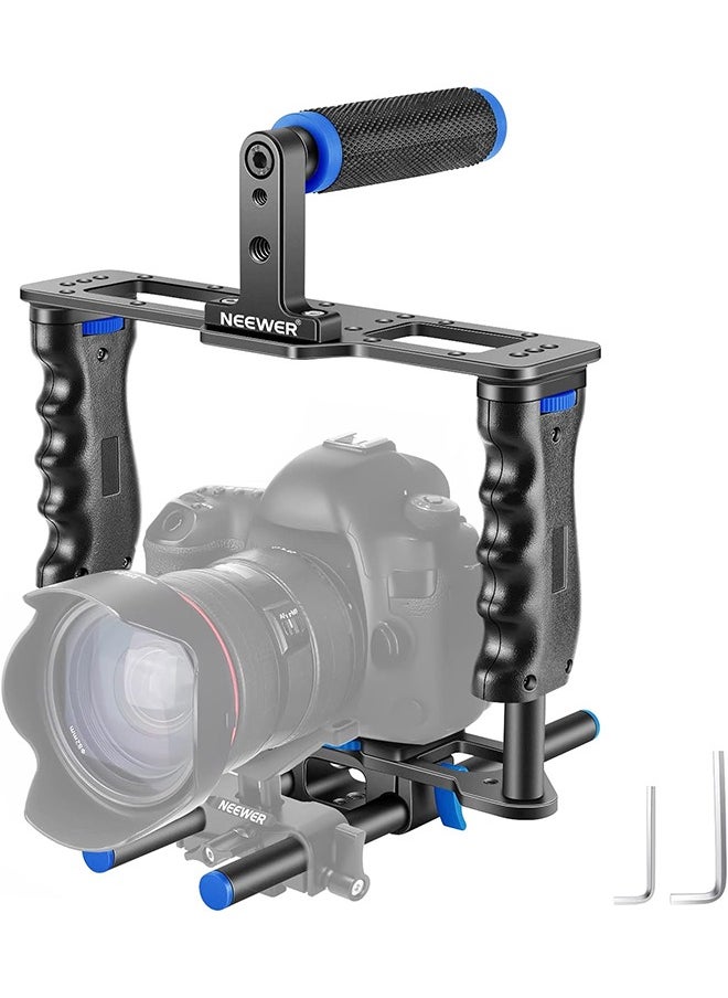 Neewer NEEWER Camera Video Cage Film Movie Making Kit, Aluminum Alloy with Top Handle, Dual Hand Grip, Two 15mm Rods, Compatible with Canon Sony Fujifilm Nikon DSLR Camera and Camcorder (Black + Blue)  - Image 1