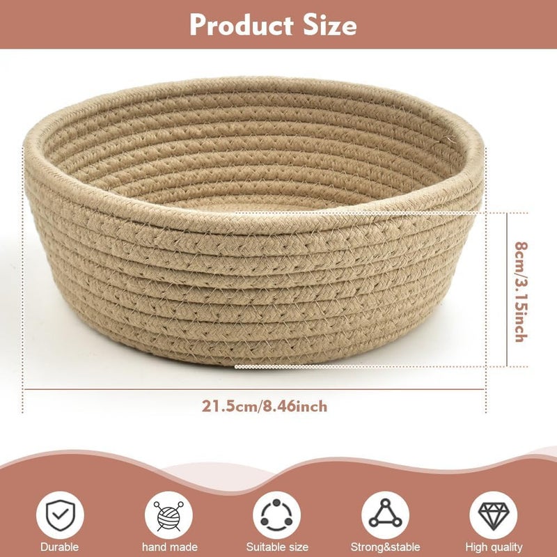 Cotton Rope Storage Bowl, Decorative Round Bread Basket, 22 cm x 9 cm, Beige - Image 2