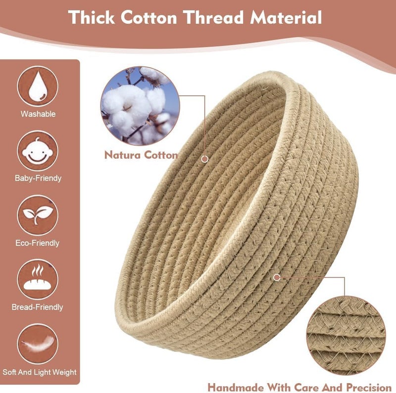 Cotton Rope Storage Bowl, Decorative Round Bread Basket, 22 cm x 9 cm, Beige - Image 3