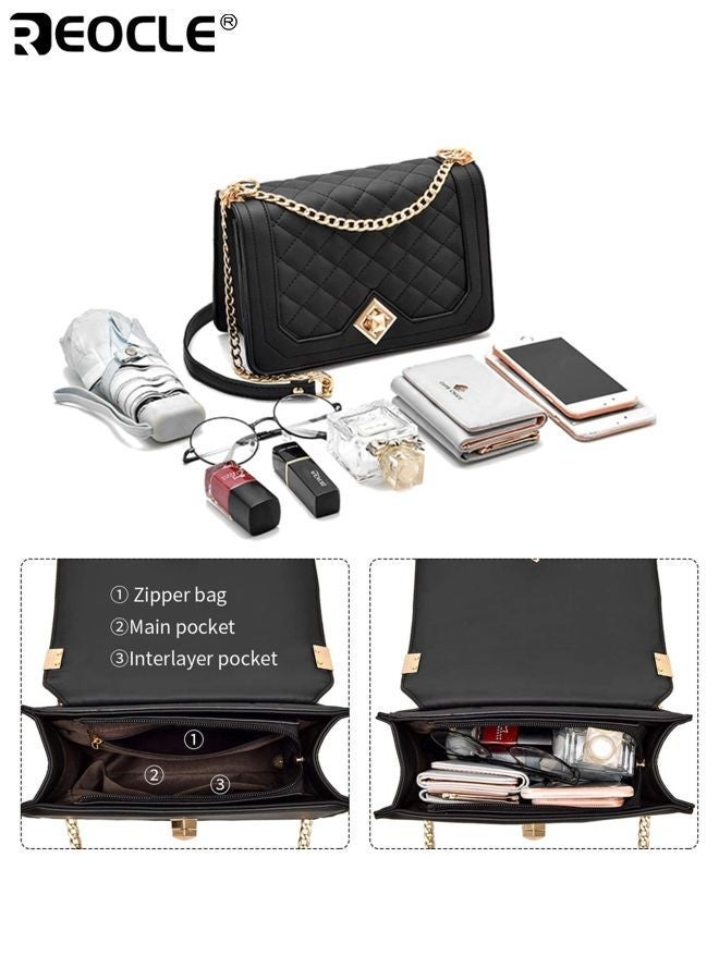 REOCLE Women's Crossbody Bag Fashion Shoulder Bag Purse PU Leather Quilted Handbags with Gold Chain Strap and Inner Pockets for Travel Business Shopping and Daily Use for Ladies Teens - Image 5