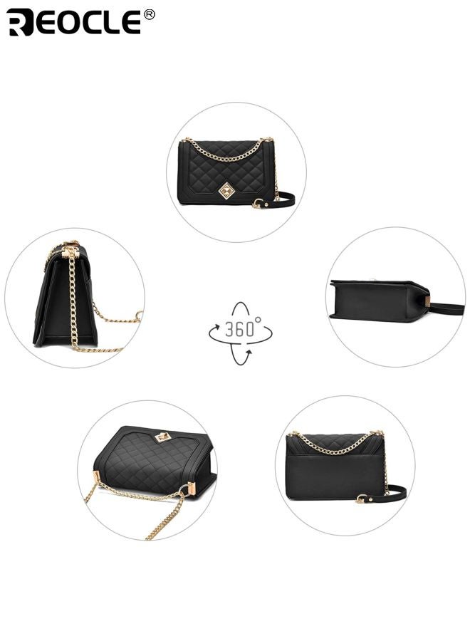REOCLE Women's Crossbody Bag Fashion Shoulder Bag Purse PU Leather Quilted Handbags with Gold Chain Strap and Inner Pockets for Travel Business Shopping and Daily Use for Ladies Teens - Image 2