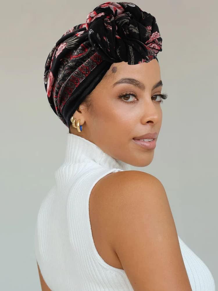 GERINLY أوشحة جيرينلي للنساء بتصميم زهور عتيق وشال رأس من القطن ولفائف جميلة (أسود أحمر) - Image 4