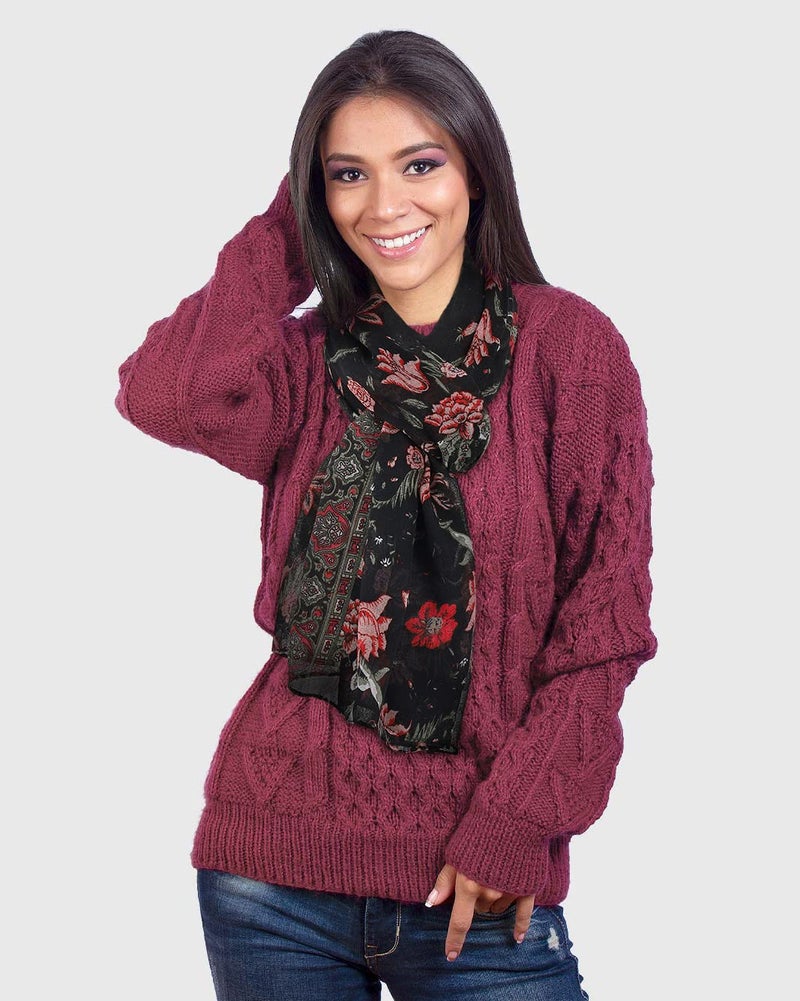 GERINLY أوشحة جيرينلي للنساء بتصميم زهور عتيق وشال رأس من القطن ولفائف جميلة (أسود أحمر) - Image 3