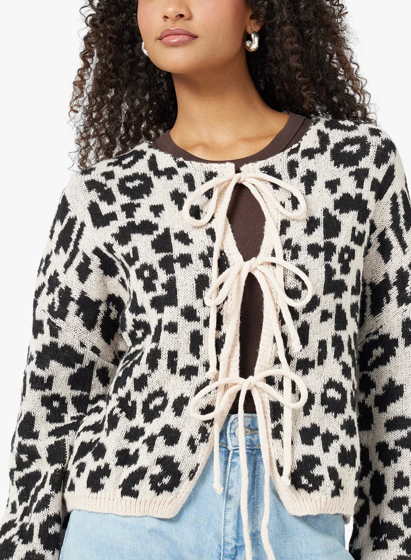 جينجر Leopard Print Bow Detail Cardigan