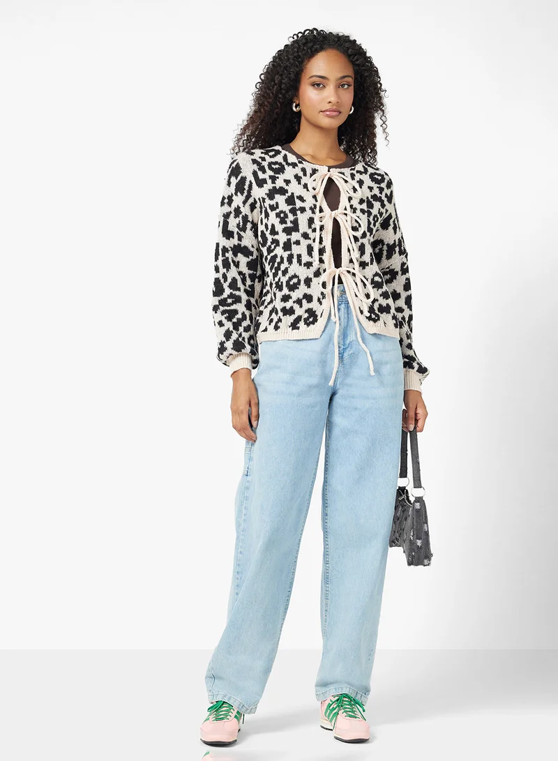 جينجر Leopard Print Bow Detail Cardigan
