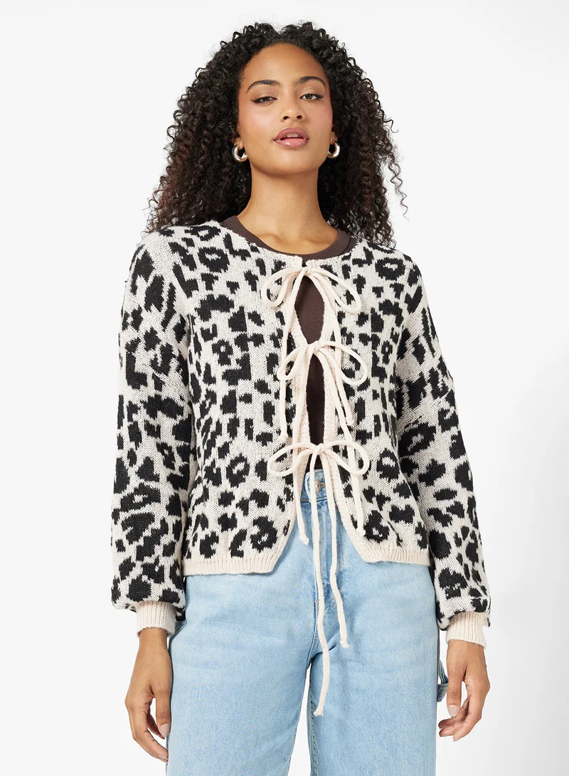 جينجر Leopard Print Bow Detail Cardigan