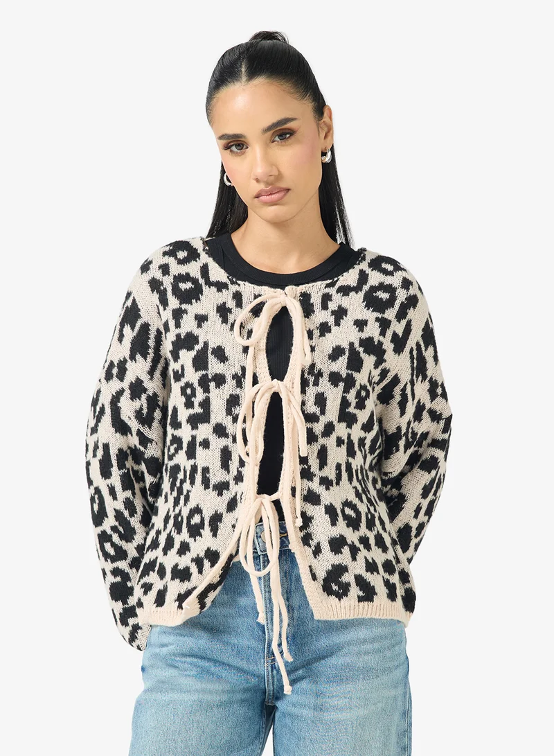 Ginger Leopard Print Bow Detail Cardigan