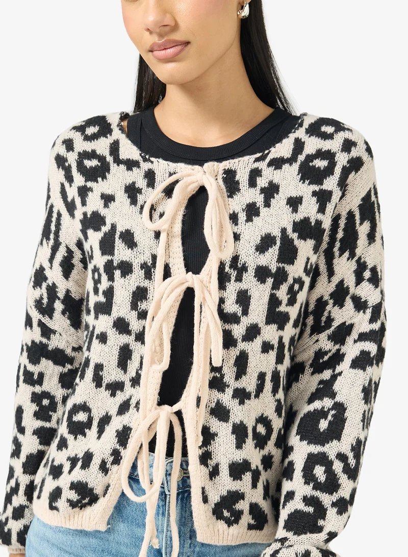 Ginger Leopard Print Bow Detail Cardigan