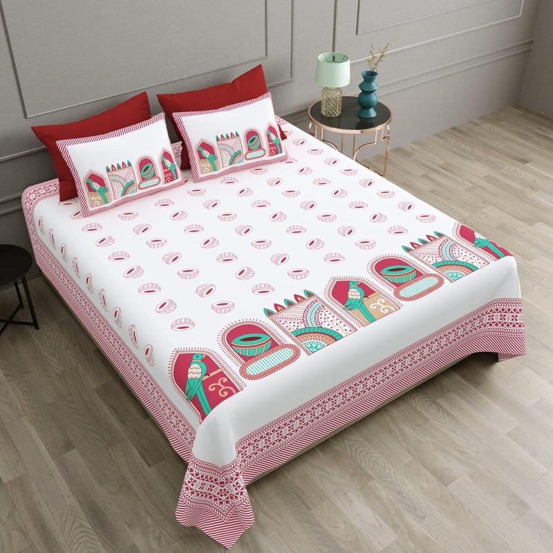 Yoksh Handlooms Premium Jaipuri Cotton 180 TC SuperKing Size 120 inch x 120 inch Flat Bedsheet with 2 Pillow Covers White BaseMaroonAkriti 12040 