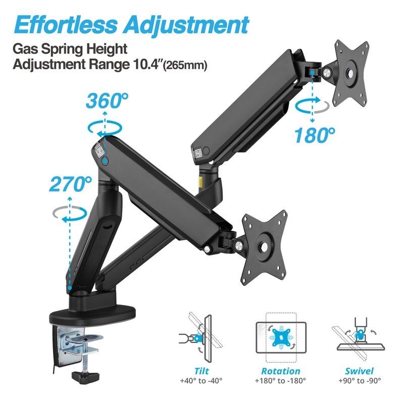 AVLT Dual 27â€-43â€ RGB Gaming Monitor Arm Desk Mount Built-in 20 Lighting Modes Touch Button Control Fits Flat/Curved/Ultrawide Screen Height Swivel Tilt Rotation Adjustable Stand -Black - Image 3