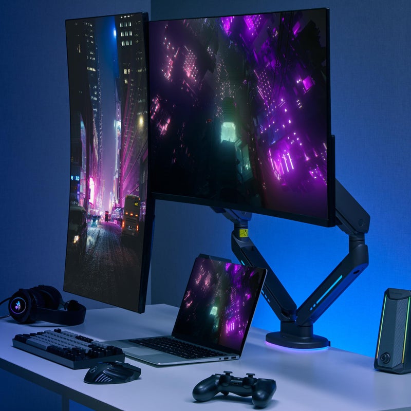 AVLT Dual 27â€-43â€ RGB Gaming Monitor Arm Desk Mount Built-in 20 Lighting Modes Touch Button Control Fits Flat/Curved/Ultrawide Screen Height Swivel Tilt Rotation Adjustable Stand -Black - Image 2
