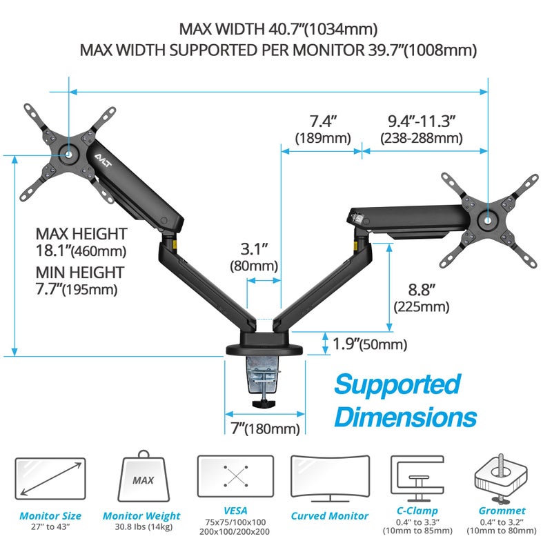 AVLT Dual 27â€-43â€ RGB Gaming Monitor Arm Desk Mount Built-in 20 Lighting Modes Touch Button Control Fits Flat/Curved/Ultrawide Screen Height Swivel Tilt Rotation Adjustable Stand -Black - Image 4