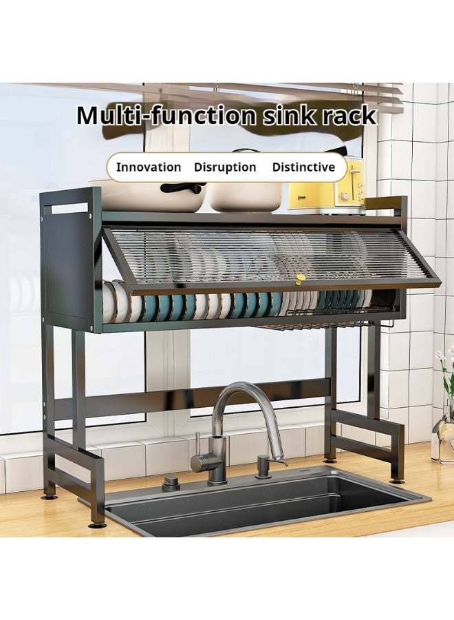 رف تجفيف الأطباق فوق الحوض، رف تجفيف أطباق من طبقتين لطاولة المطبخ، رف تجفيف أطباق كبير مع باب قلاب، رف تجفيف أطباق فوق الحوض للاستخدام العائلي، مقاوم للغبار، 95 سم - Image 3