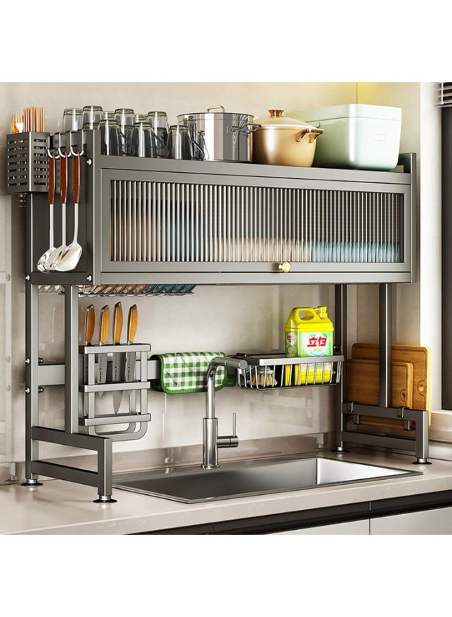 رف تجفيف الأطباق فوق الحوض، رف تجفيف أطباق من طبقتين لطاولة المطبخ، رف تجفيف أطباق كبير مع باب قلاب، رف تجفيف أطباق فوق الحوض للاستخدام العائلي، مقاوم للغبار، 95 سم - Image 1
