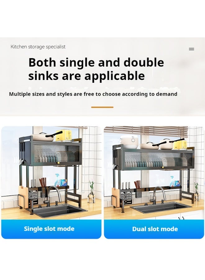رف تجفيف الأطباق فوق الحوض، رف تجفيف أطباق من طبقتين لطاولة المطبخ، رف تجفيف أطباق كبير مع باب قلاب، رف تجفيف أطباق فوق الحوض للاستخدام العائلي، مقاوم للغبار، 95 سم - Image 4
