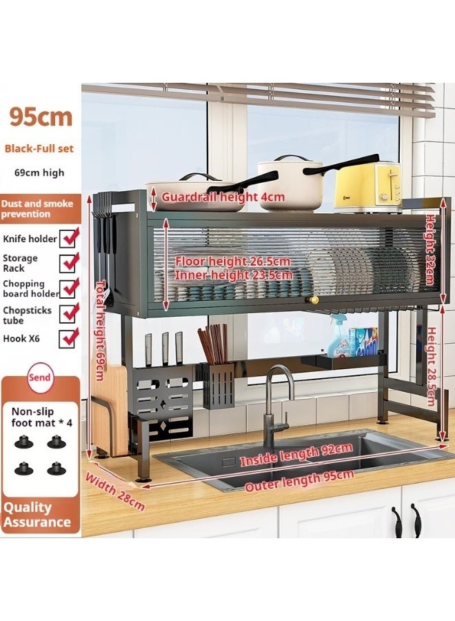 رف تجفيف الأطباق فوق الحوض، رف تجفيف أطباق من طبقتين لطاولة المطبخ، رف تجفيف أطباق كبير مع باب قلاب، رف تجفيف أطباق فوق الحوض للاستخدام العائلي، مقاوم للغبار، 95 سم - Image 2