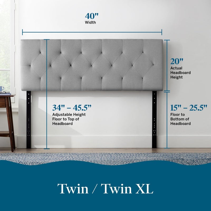 Lucid Mid-Rise Upholstered Headboard - Diamond Tufted - Padded Polyester - Adjustable Height from 34â€ to 46â€ - Easy Assembly - Bed Frame or Wall Mount - Sturdy - Stone - Twin / Twin XL Size - Image 2