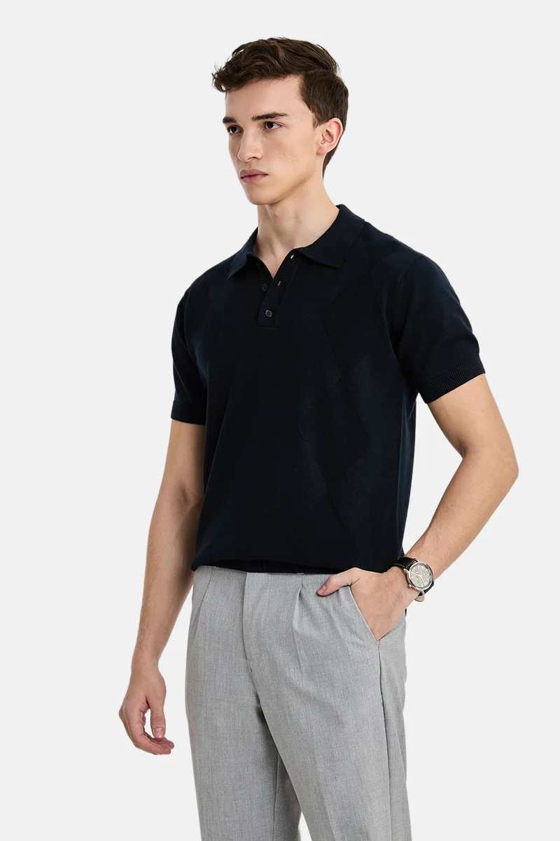 SNITCH Navy Blue Geometric Half Sleeve Regular Fit Casual T-Shirt
