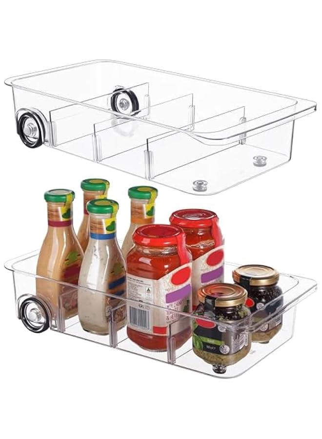 HOOKOR Fridge Organizer Bins on Wheels, Clear Roll Out Drawer Refrigerator Organizing Caddy with Dividers, Thick Plastic Storage Bins for Pantry, Kitchen, Cabinet etc,2 pack - Image 1