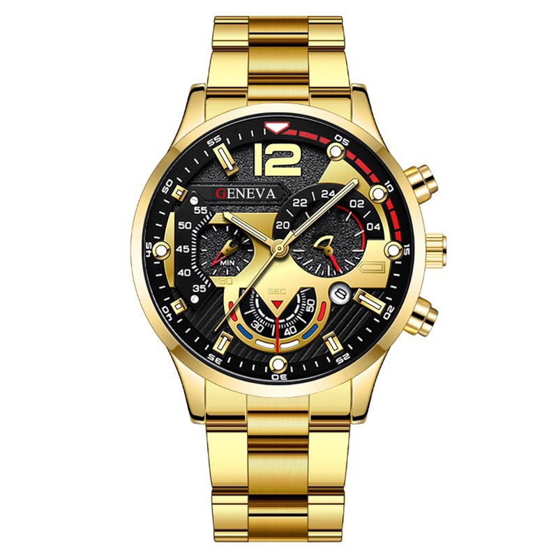 Foreign trade hot mens steel band calendar quartz watch sports luminous pointer quartz watch mens wrist watch gold black