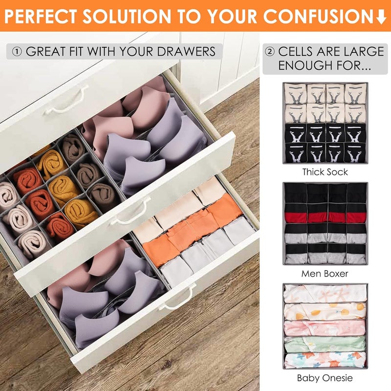 Criusia 3 Pack Bra Underwear Drawer Organizer Dividers, 26 Cell Fabric Foldable Dresser Closet Organizers and Storage Boxes for Baby Clothes, Bra, Socks, Underwear, Ties (5+5+16 Slots, Grey) - Image 4