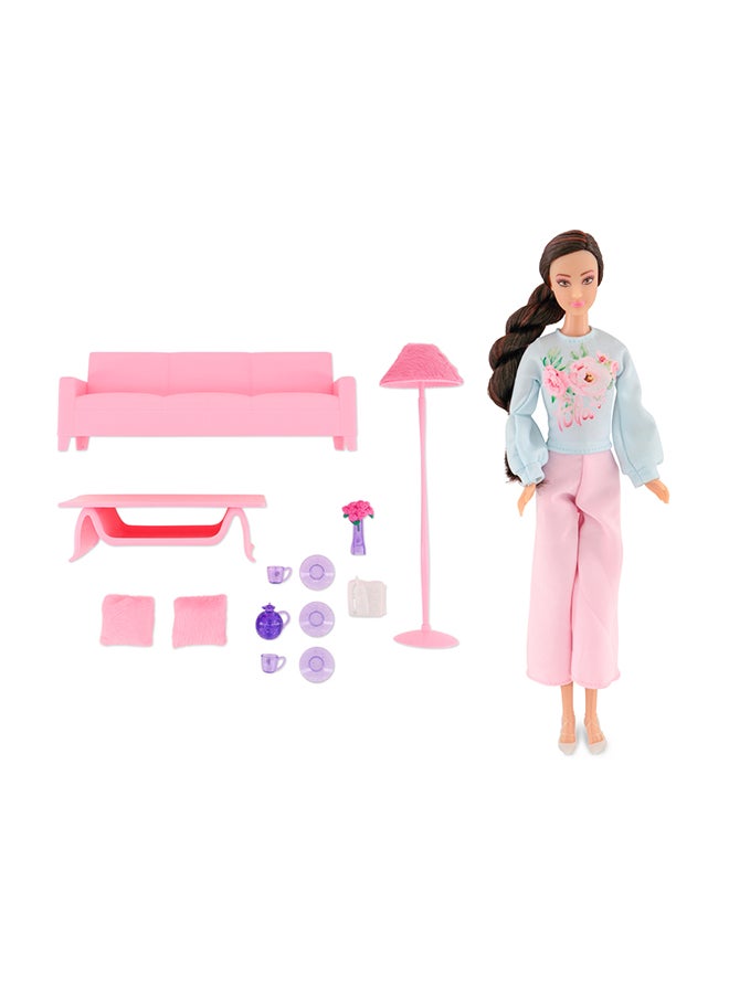 Fulla Doll With Living Room Set Includes Sofa, Cushions, Tea Cups, Lamp, Flowers And Phone & Cozy Room Playset For Pretend Stories And Creative Play – Ideal For Dollhouse Fans, Perfect For Eid Gifting  - Image 5