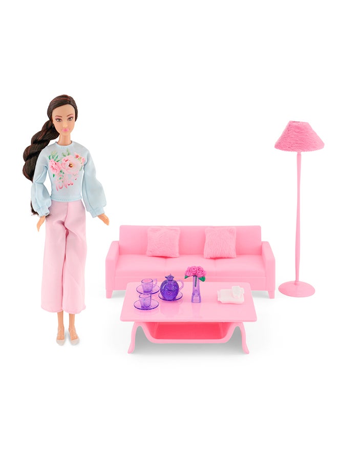 Fulla Doll With Living Room Set Includes Sofa, Cushions, Tea Cups, Lamp, Flowers And Phone & Cozy Room Playset For Pretend Stories And Creative Play – Ideal For Dollhouse Fans, Perfect For Eid Gifting  - Image 4