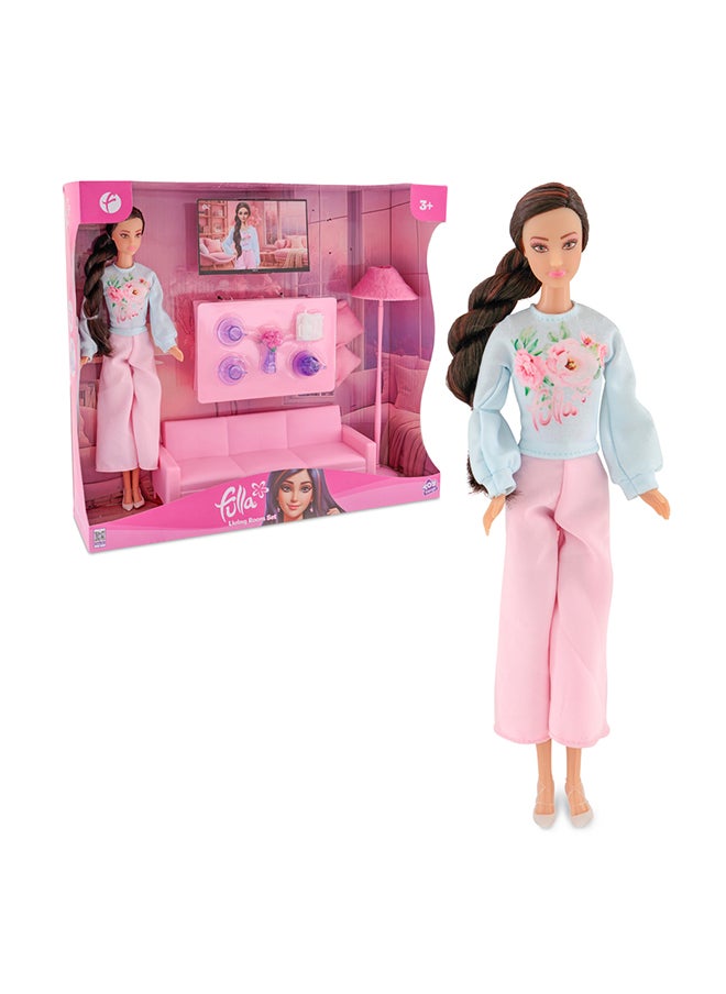 Fulla Doll With Living Room Set Includes Sofa, Cushions, Tea Cups, Lamp, Flowers And Phone & Cozy Room Playset For Pretend Stories And Creative Play – Ideal For Dollhouse Fans, Perfect For Eid Gifting  - Image 1