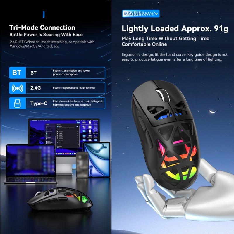 Wireless Gaming Mouse 91g Ultra-Lightweight Ergonomic Design - 3600DPI Superior Performance Tri-Mode Connectivity for PC Gaming, MacOS, Android - Image 5
