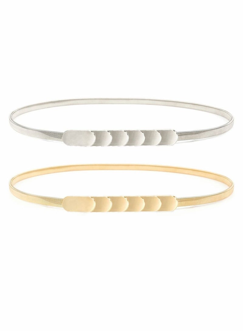 Y&D Skinny Stretch Belt for Women 2 Pieces Silver and Gold Waist Thin Cinch Belts Adjustable Interlock Buckle Dress Jeans Formal Clothing Skirts Pants  - Image 1