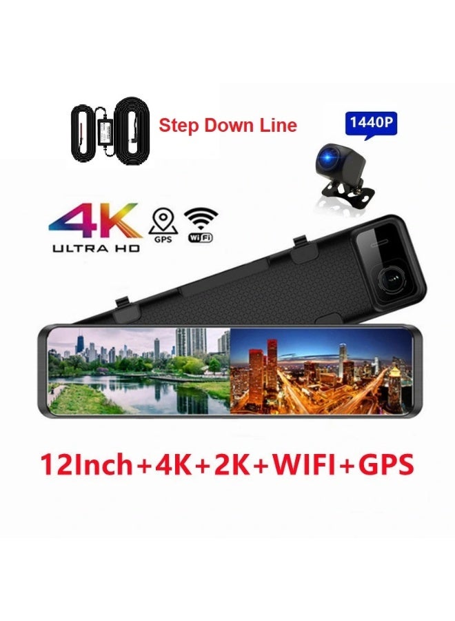12 inch 4K+2K rearview mirror camera dash cam with GPS WIFI - Image 1