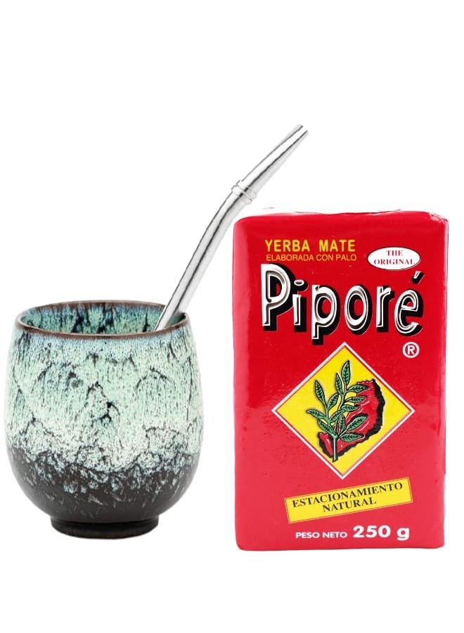 يربا ماتي متة بيبور 250 جرام مع كوب من الرخام مع ماصة بفلتر فضي - Image 1