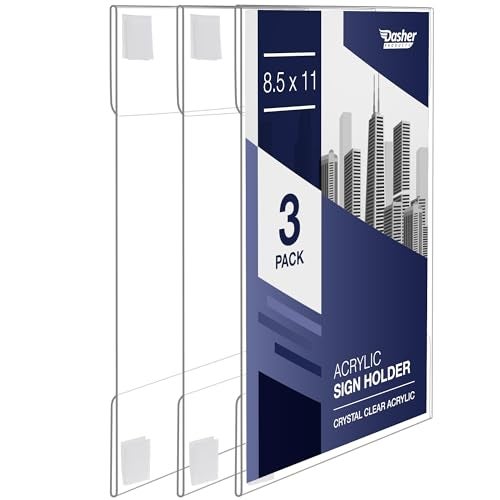 Dasher Products Acrylic Sign Holder with Hook and Loop Adhesive, 8.5 x 11 inches - Portrait or 11 x 8.5 inches - Landscape, Clear Wall Mount Frame, Perfect for Home, Office, Store, Restaurant (3 Pack) - Image 1