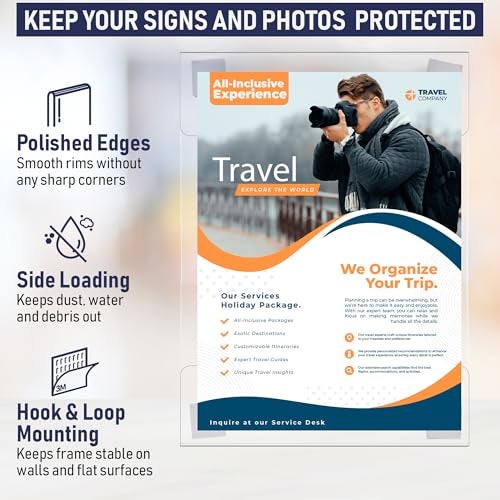 Dasher Products Acrylic Sign Holder with Hook and Loop Adhesive, 8.5 x 11 inches - Portrait or 11 x 8.5 inches - Landscape, Clear Wall Mount Frame, Perfect for Home, Office, Store, Restaurant (3 Pack) - Image 4