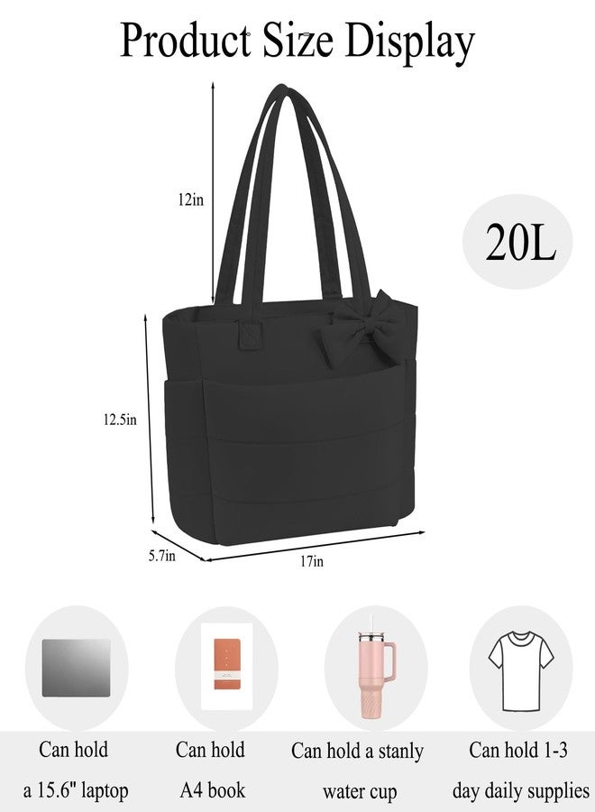 CTWWFS Puffer Tote Bag for Women, Quilted Bow Tote Bag with Cup Holder & 15.6 In Laptop Compartment for Work, Travel, Gym, College, Black, Medium, Fashion - Image 3