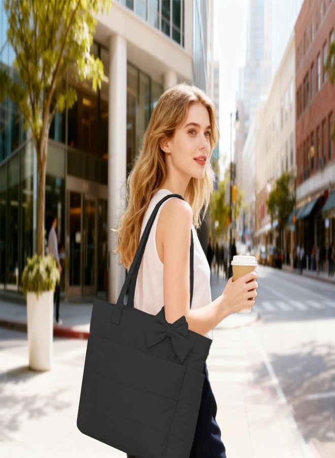 CTWWFS Puffer Tote Bag for Women, Quilted Bow Tote Bag with Cup Holder & 15.6 In Laptop Compartment for Work, Travel, Gym, College, Black, Medium, Fashion - Image 2
