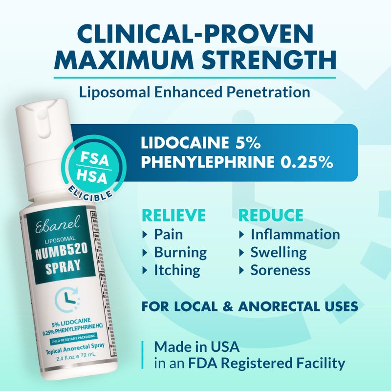 Ebanel Laboratories Ebanel 5% Lidocaine Spray Pain Relief Numb520 Burn Itch Relief Numbing Spray for Skin, Topical Anesthetic Postpartum Hemorrhoid Treatment with Phenylephrine for Local and Anorectal Uses - Image 1