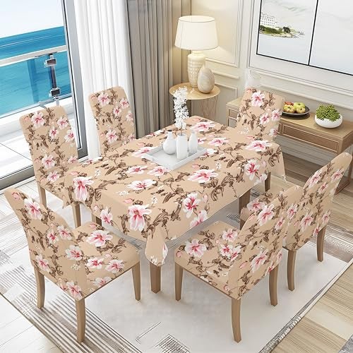 BRIDA® Polyester Spandex Stretchable Floral Geometric Printed Dining Chair Covers Elastic Chair Seat Case Protector, Slipcovers (6 Seater Table Cover + 6 Chair Cover, Beige Pink) - Image 1