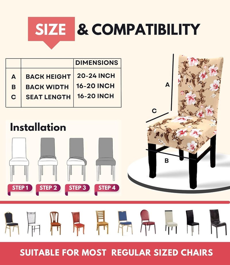 BRIDA® Polyester Spandex Stretchable Floral Geometric Printed Dining Chair Covers Elastic Chair Seat Case Protector, Slipcovers (6 Seater Table Cover + 6 Chair Cover, Beige Pink) - Image 4
